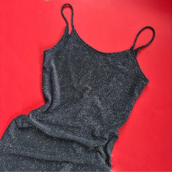 Vintage 90s Black + Silver Glitter Full Length Sleeveless Prom Dress - Image 2