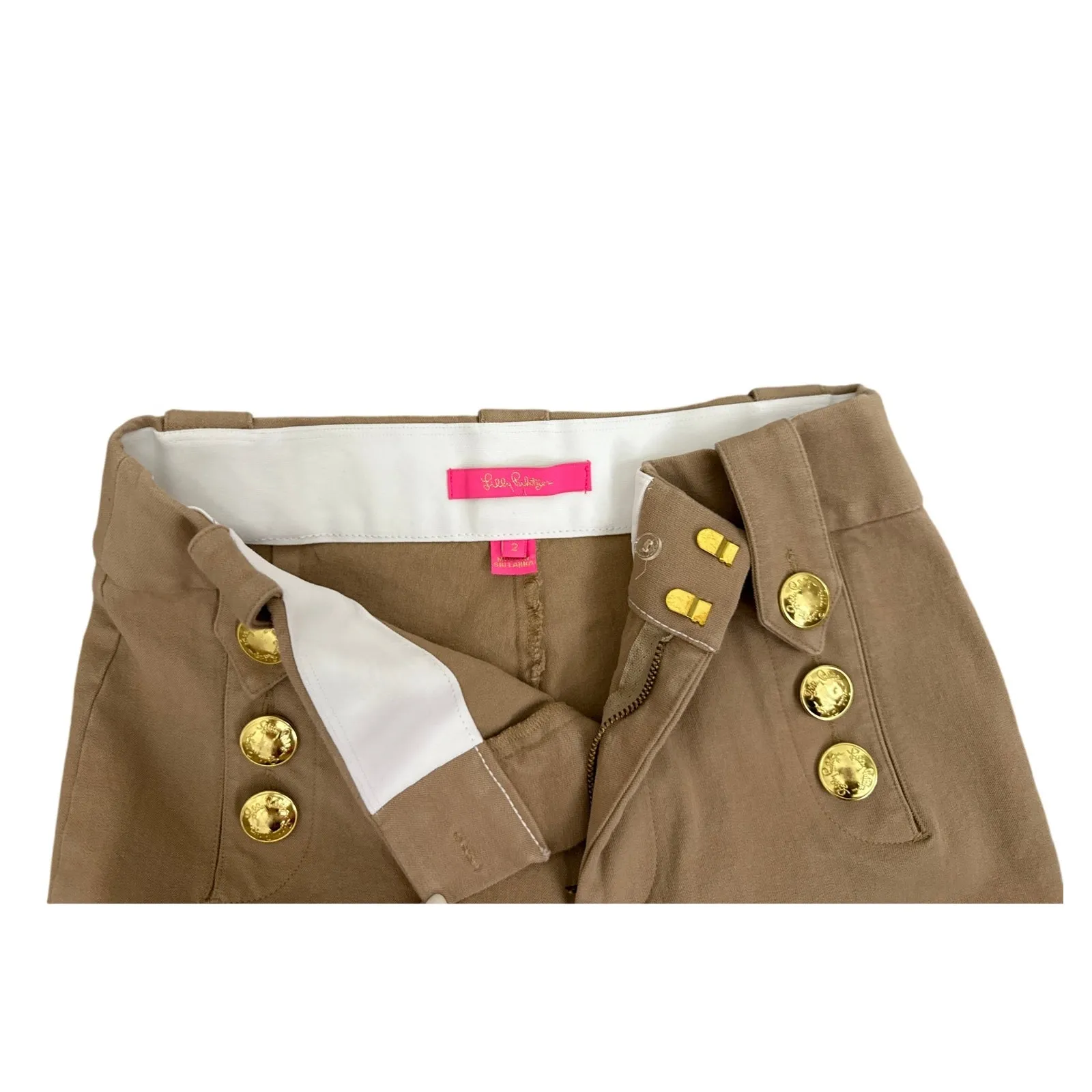 Lilly Pulitzer Sailor Wide Leg Khaki Tan Gold Button Front Pants Size Women's 2 - Image 4