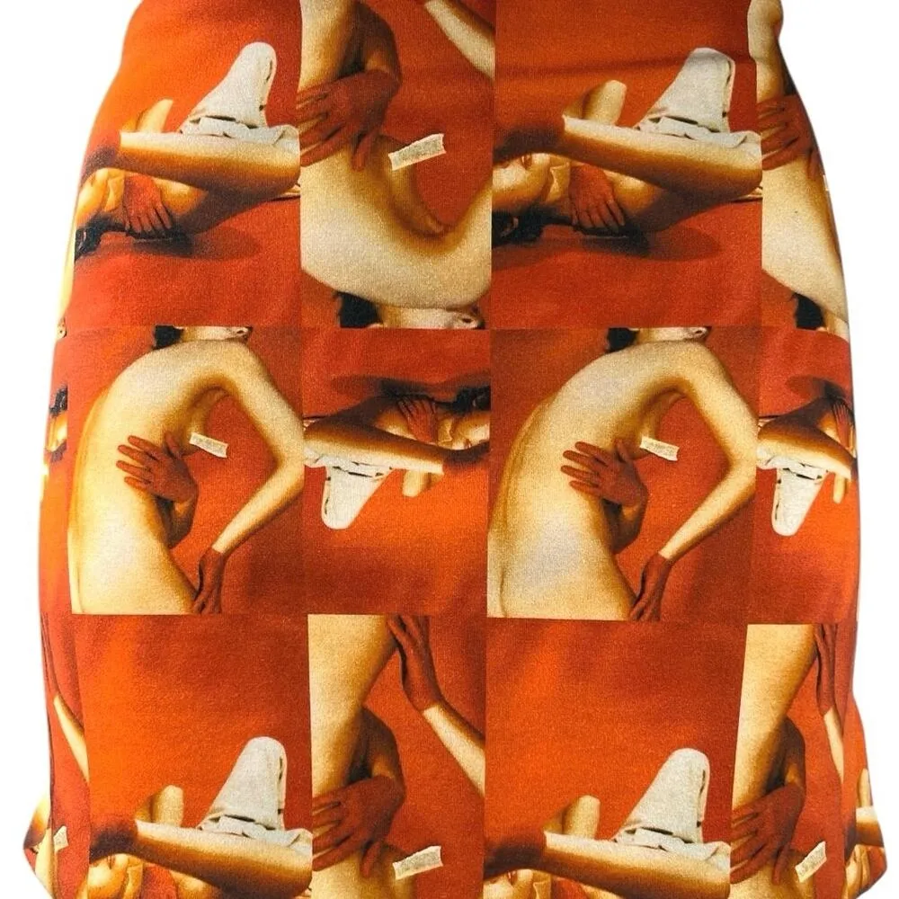 Tiger Mist Orange Knit Body Graphic Print Straight pencil Mini Skirt Size XS - Image 4