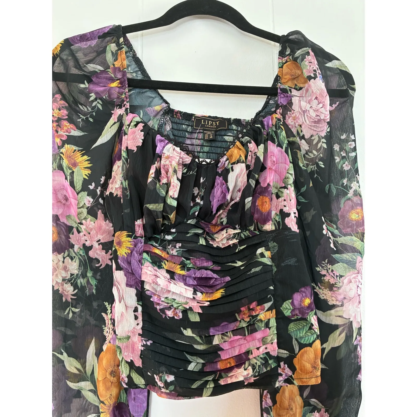 NWT Lipsy London Floral Square Neck Ruched Long Sleeve Sheer Blouse Women S 6 - Image 5
