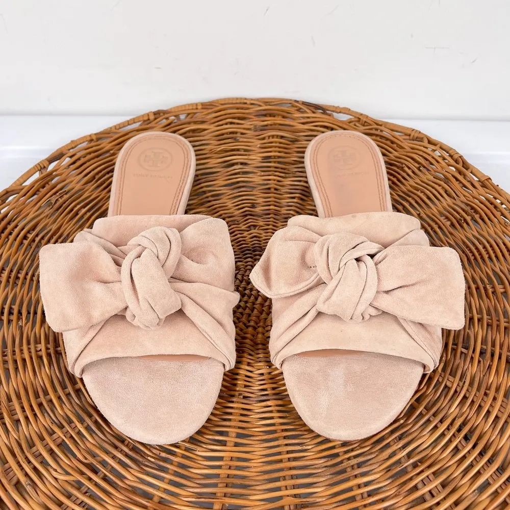 Tory Burch Suede Annabelle Bow Slides Sz 7.5 Nude Blush - Image 5