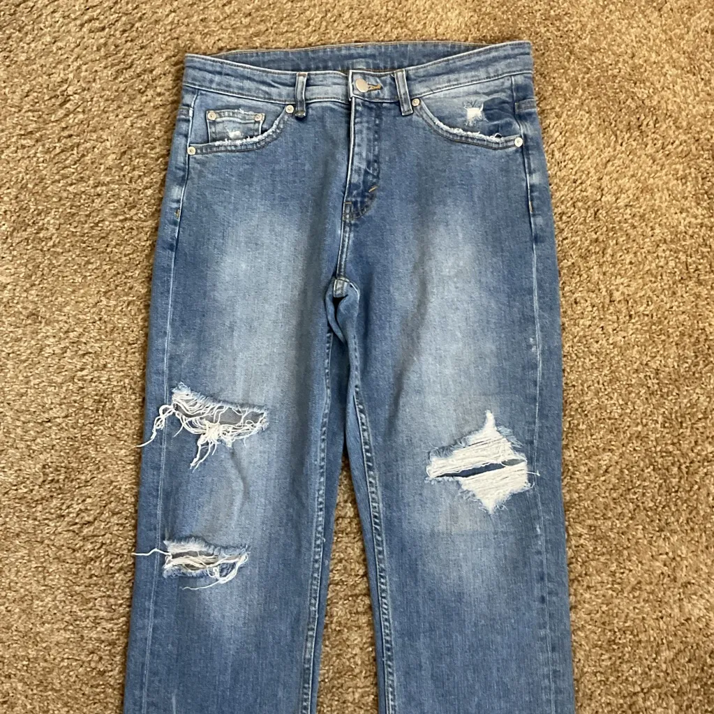 1. Cheap Monday Blue Distressed Straight Leg Jeans Over My Dead Body Size 28 - Image 2