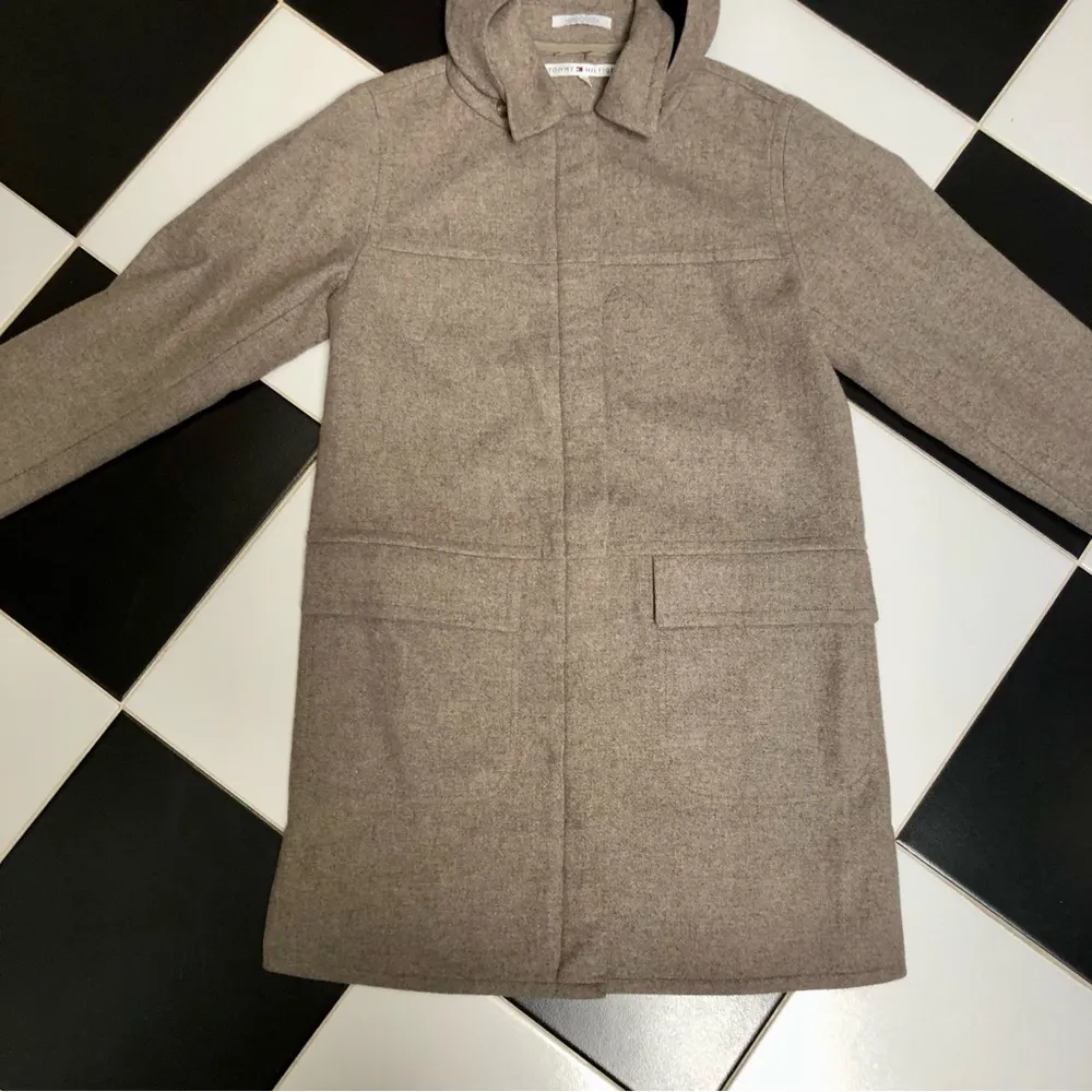 Vintage 90s Y2K  Pea Coat Removable Hood Tan Preppy Wool Blend szS - Image 2