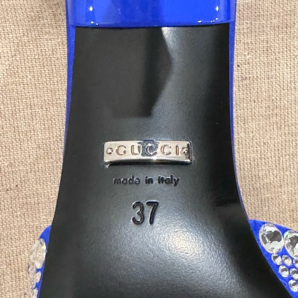GUCCI Galactica Satin Crystal 65mm Slide Blue Sandals Size 37 NIB - Image 9