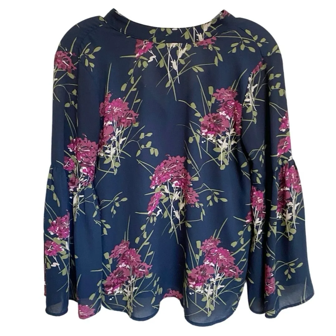 Loft Outlet Petite Blue/Plum/Green Floral Neck-Tie Top‎ Bell Sleeves - SP - Image 5