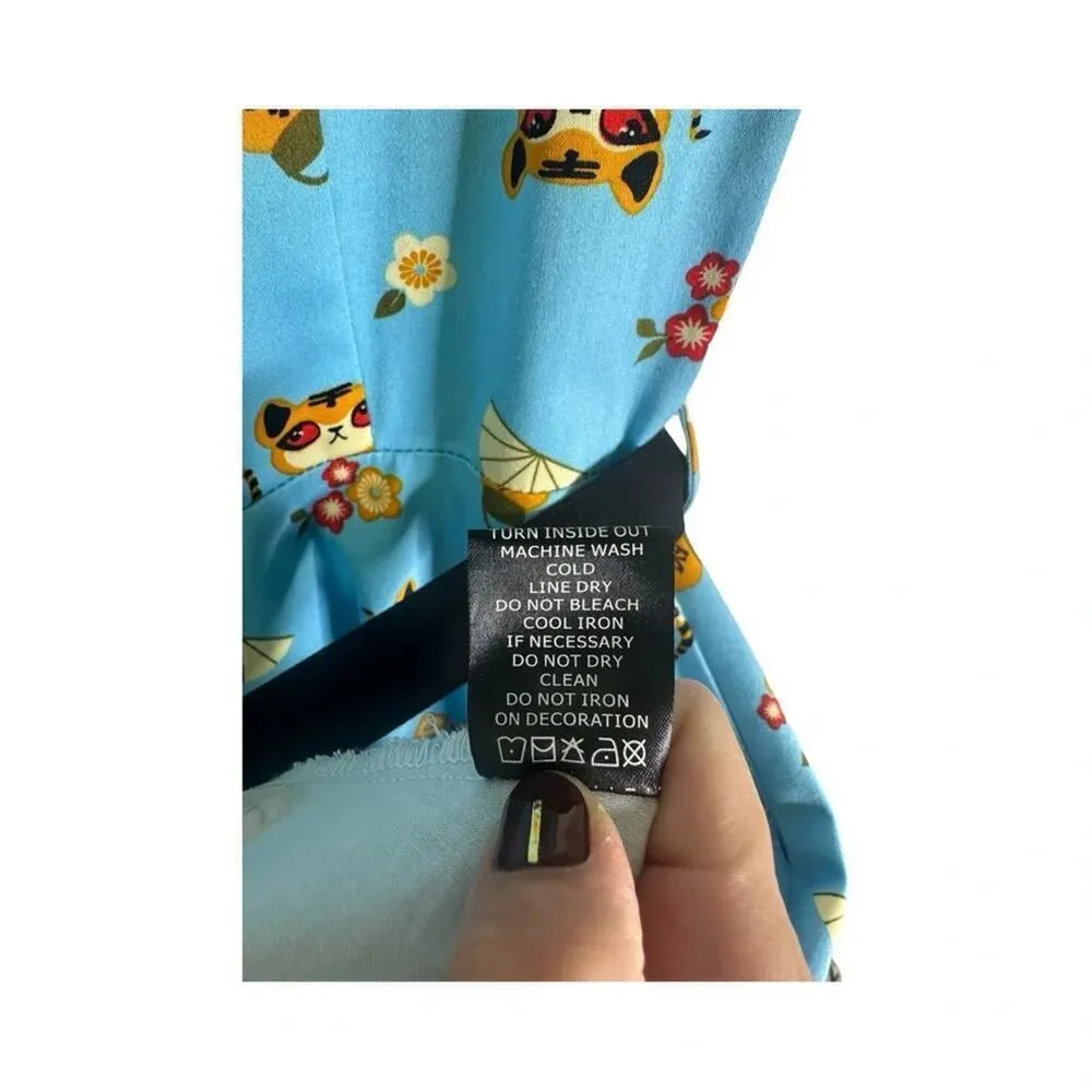 Voodoo Vixen Rockabilly 50s Swing Dress Blue Cat Print Retro Pinup Flair Size S - Image 11