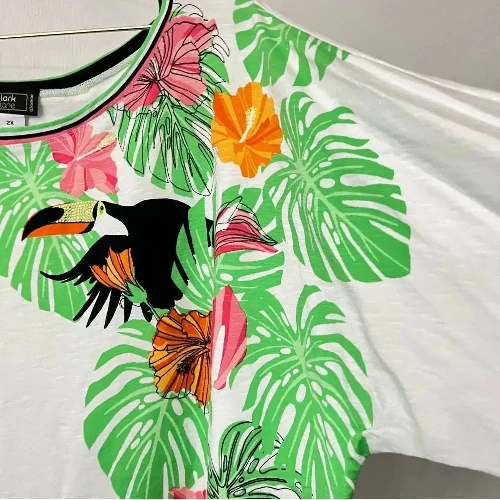 Lark Lane Woman 2X Hawaiian Floral Blouse Top 3/4 Sleeve Cotton Blend Toucan White - Image 9