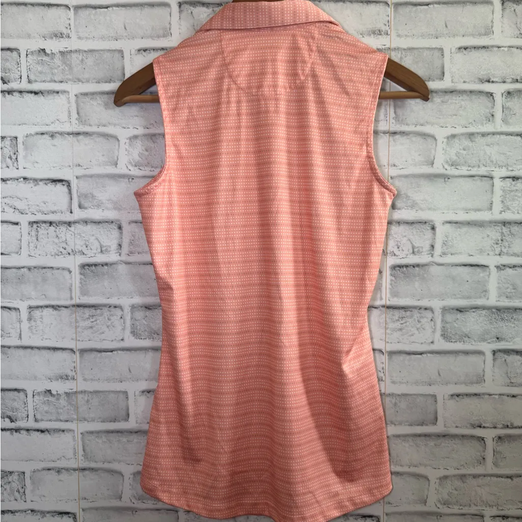 Women’s Greg Norman Golf Shirt Sleeveless Collared Dotted Button Front Peach Sm Orange - Image 2