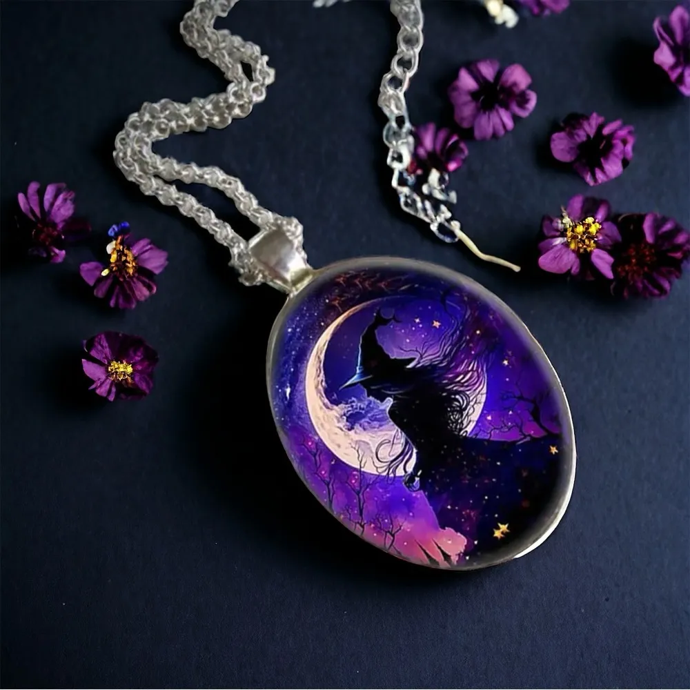 1pc Oval Painted Witch Moon Avatar Pendant Necklace‎ Silver Plated Accessories Silver - Image 4