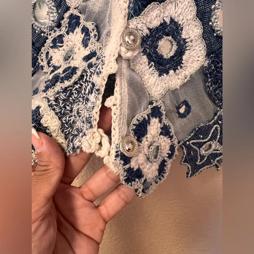 Sandy Starkman NWOT Vintage Floral Crochet Mirror Cardigan Sweater Sise S Blue - Image 5