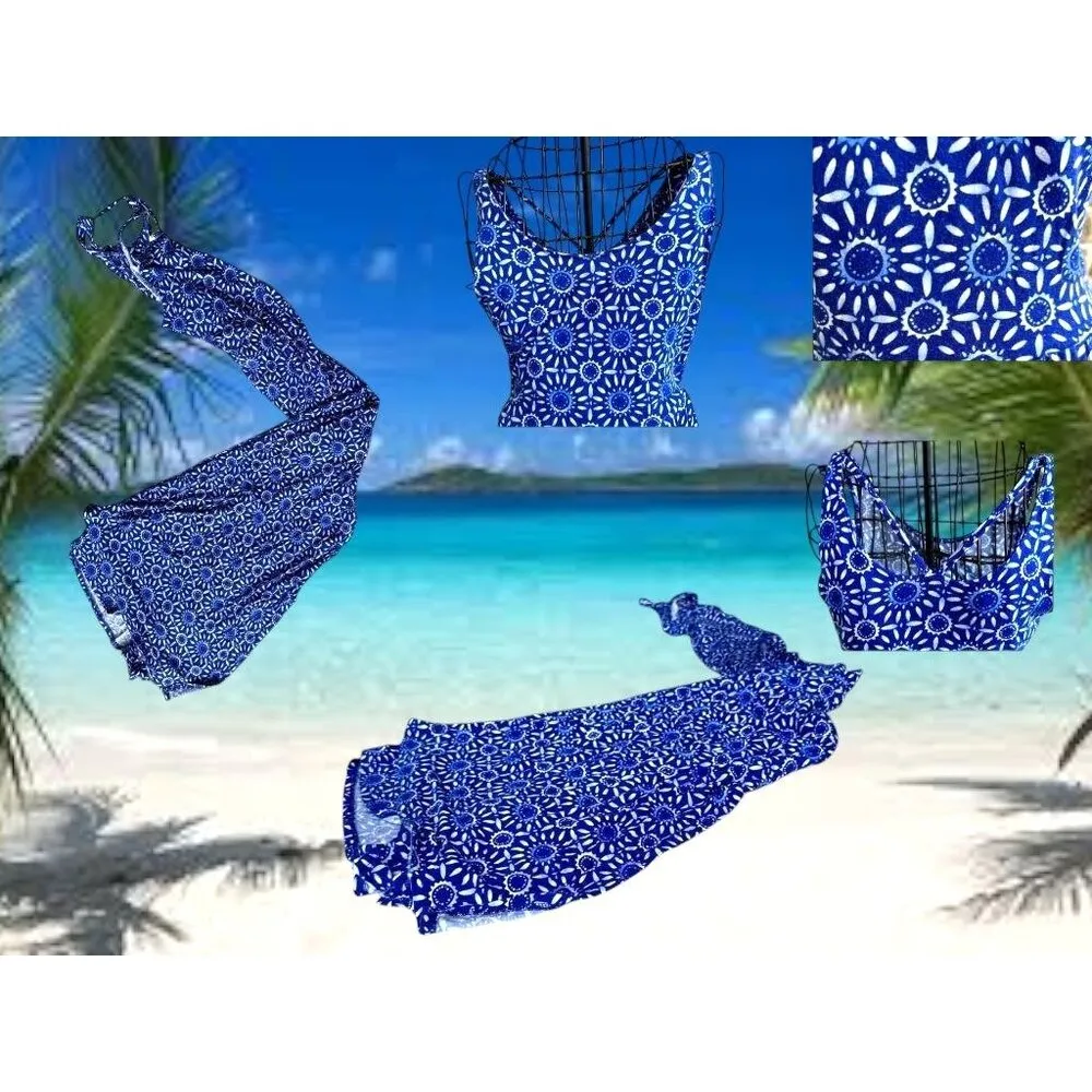 SO Maxi Dress Girls Sz M Blue White Floral Sleeveless Strappy Front Side Slits - Image 10