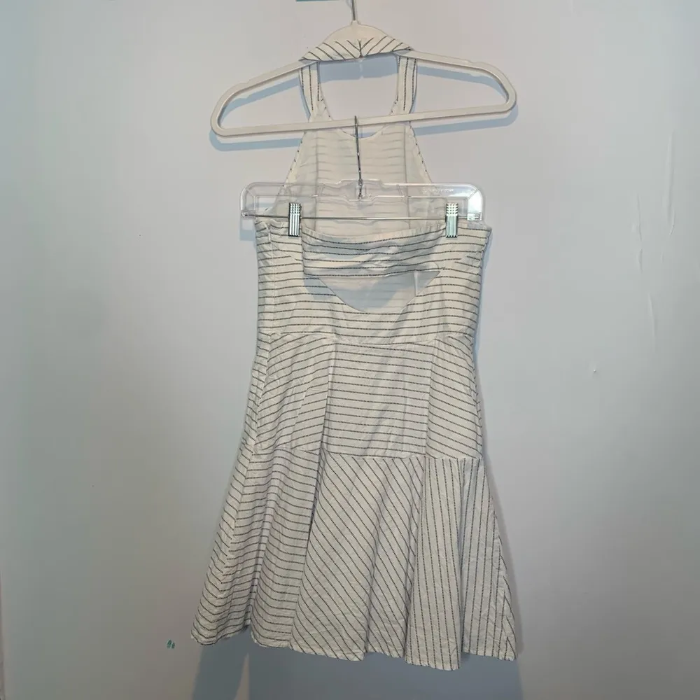 Parker Striped Halter Fit and Flare Dress Back Cut Out White Blue Stripe - Image 5