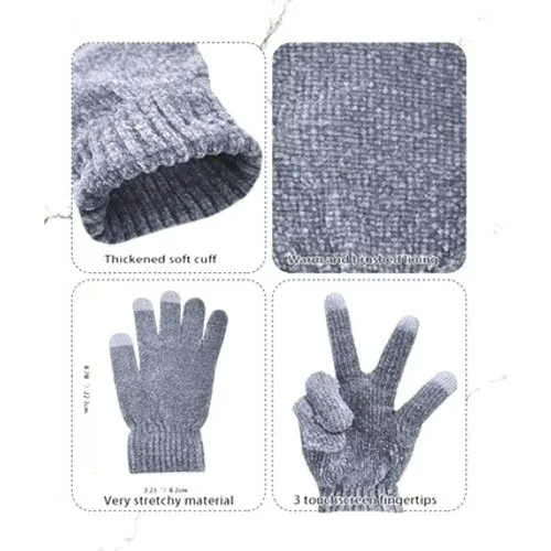 Chenille Winter Cozy Gray 3pc Set Long Scarf Touchscreen Gloves Beanie Hat Cap - Image 6