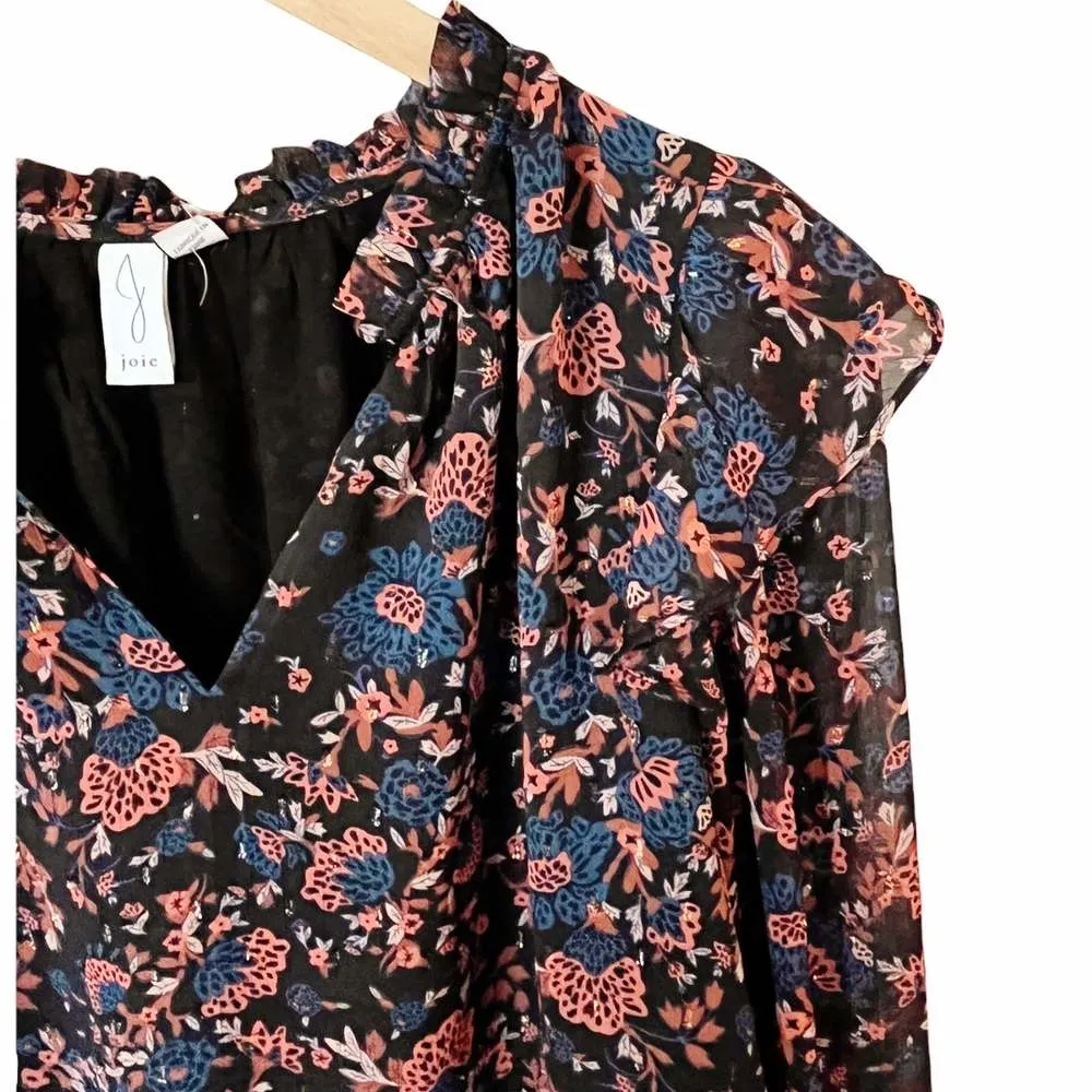 JOIE Peasant Floral Silky Blouse Black Red Gold Thread Long Sleeves Ruffles Sm - Image 4