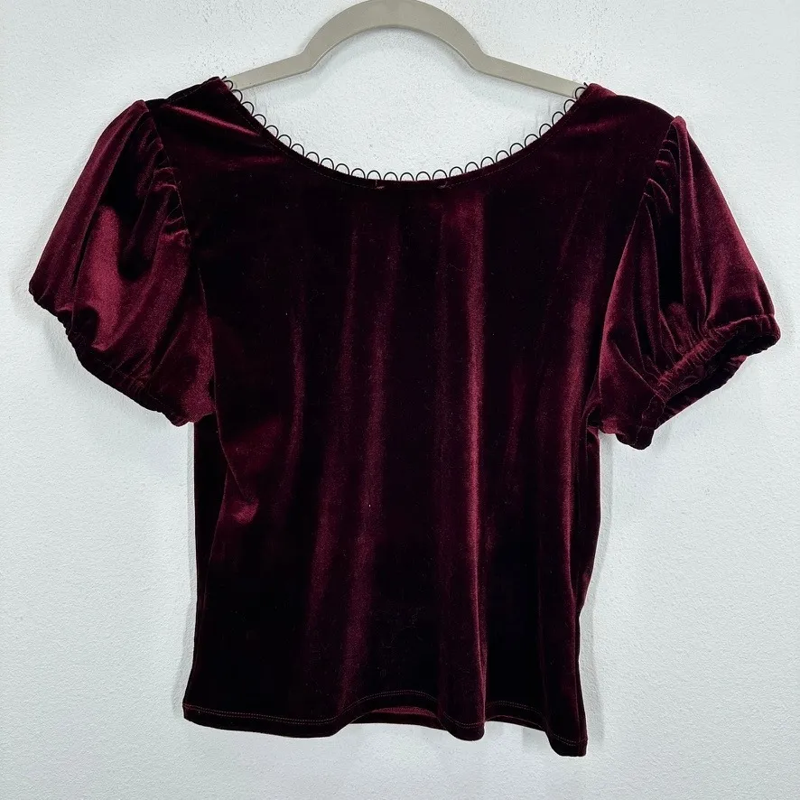AURA Burgundy Babydoll Velvet Puff Sleeve‎ Square Neck Bow Top Womens Medium - Image 8