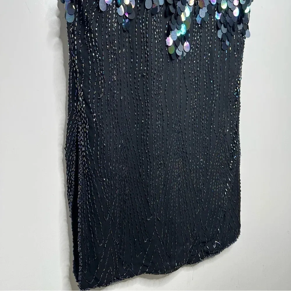 Greg Adams Vintage 80’s Pure Silk Sequin Beaded Flapper Style Party Dress M Black Size M - Image 8