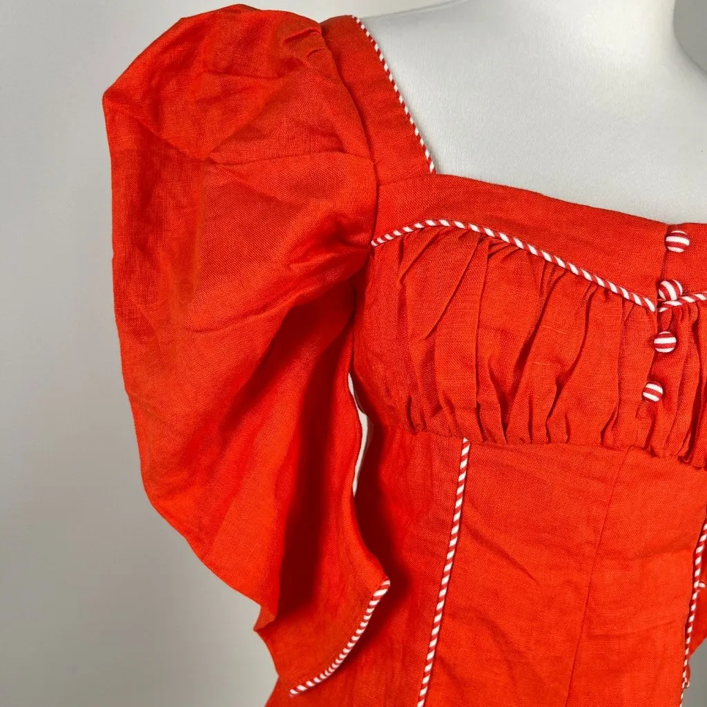 NWOT Farm Rio 100% Linen Puff Sleeve Linen Romper Size S Red - Image 13