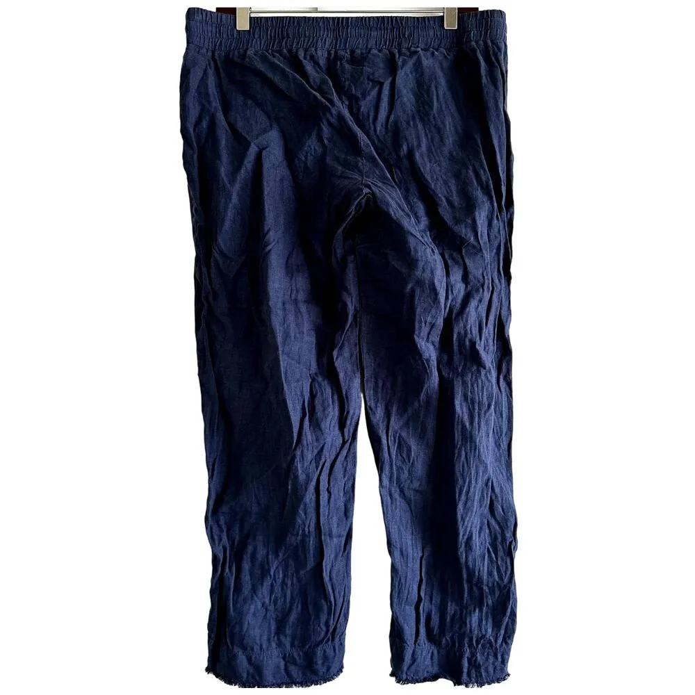 Cloth & Stone Linen Pants Raw Hem Drawstring Straight Leg Pull On Navy Blue M - Image 4