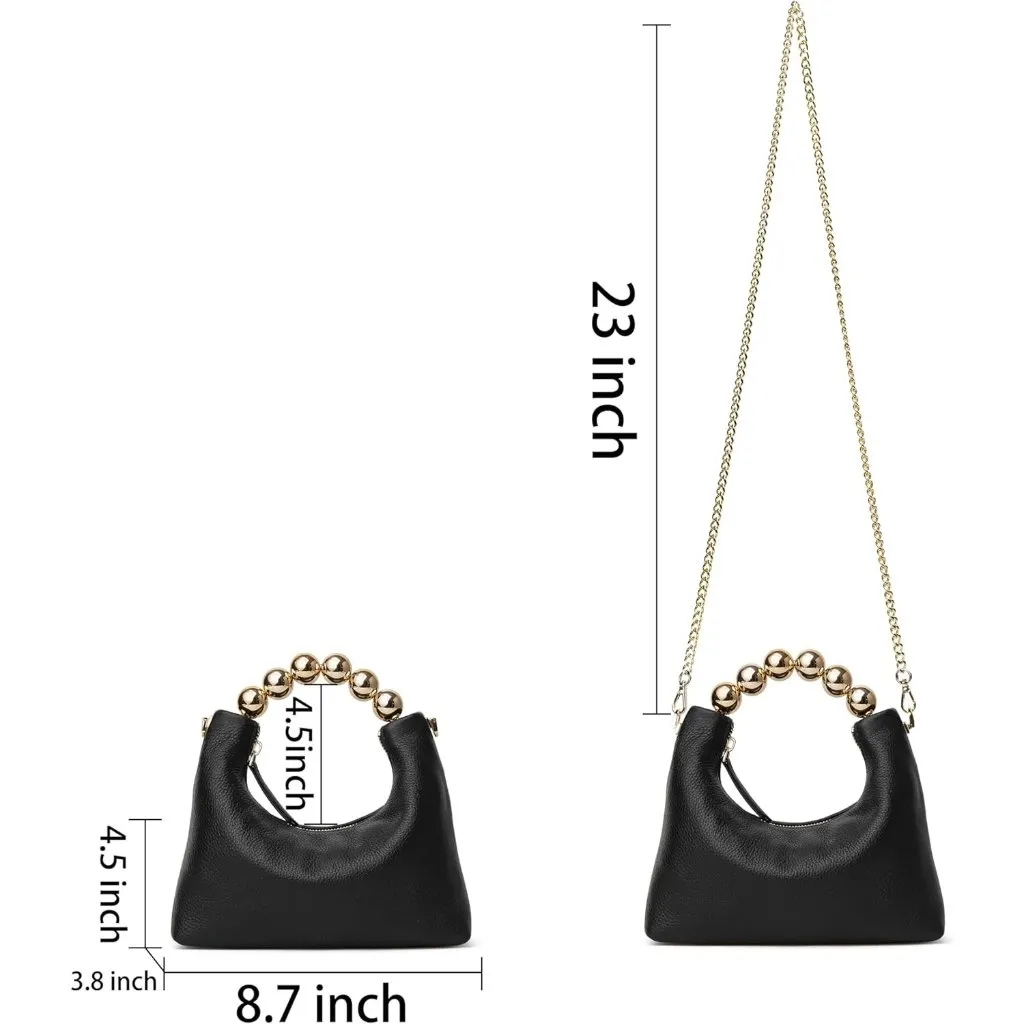 ⚡ Women's Top Handle Chain Pearl Strap Leather Crossbody Tote Black Bag - Image 5