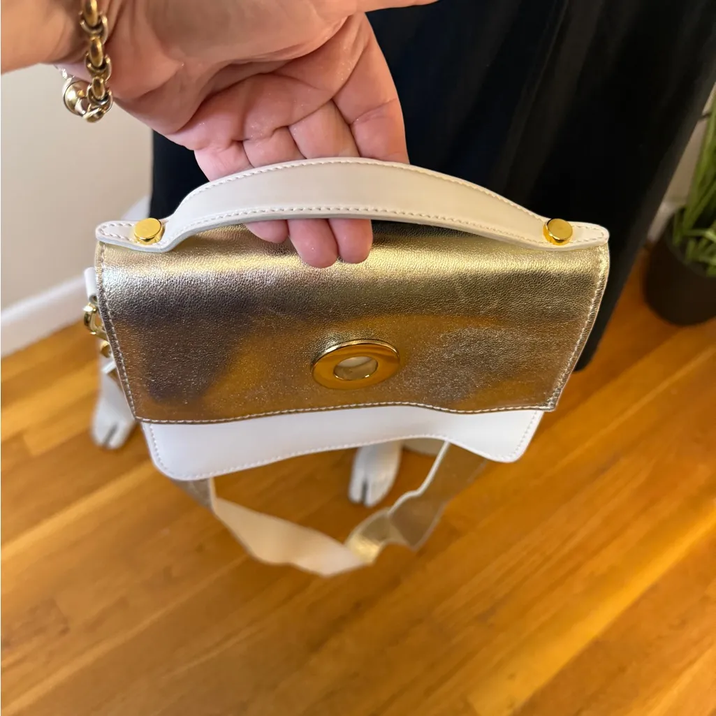 Vittoria Napoli Italy Leather Purse Bag Crossbody Gold Ivory EUC - Image 2