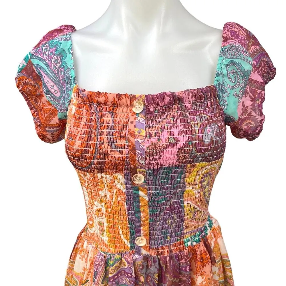 Her Destiny Multicolor Paisley Floral Boho Smocked Puff Sleeve Midi Maxi Dress L Size L - Image 3