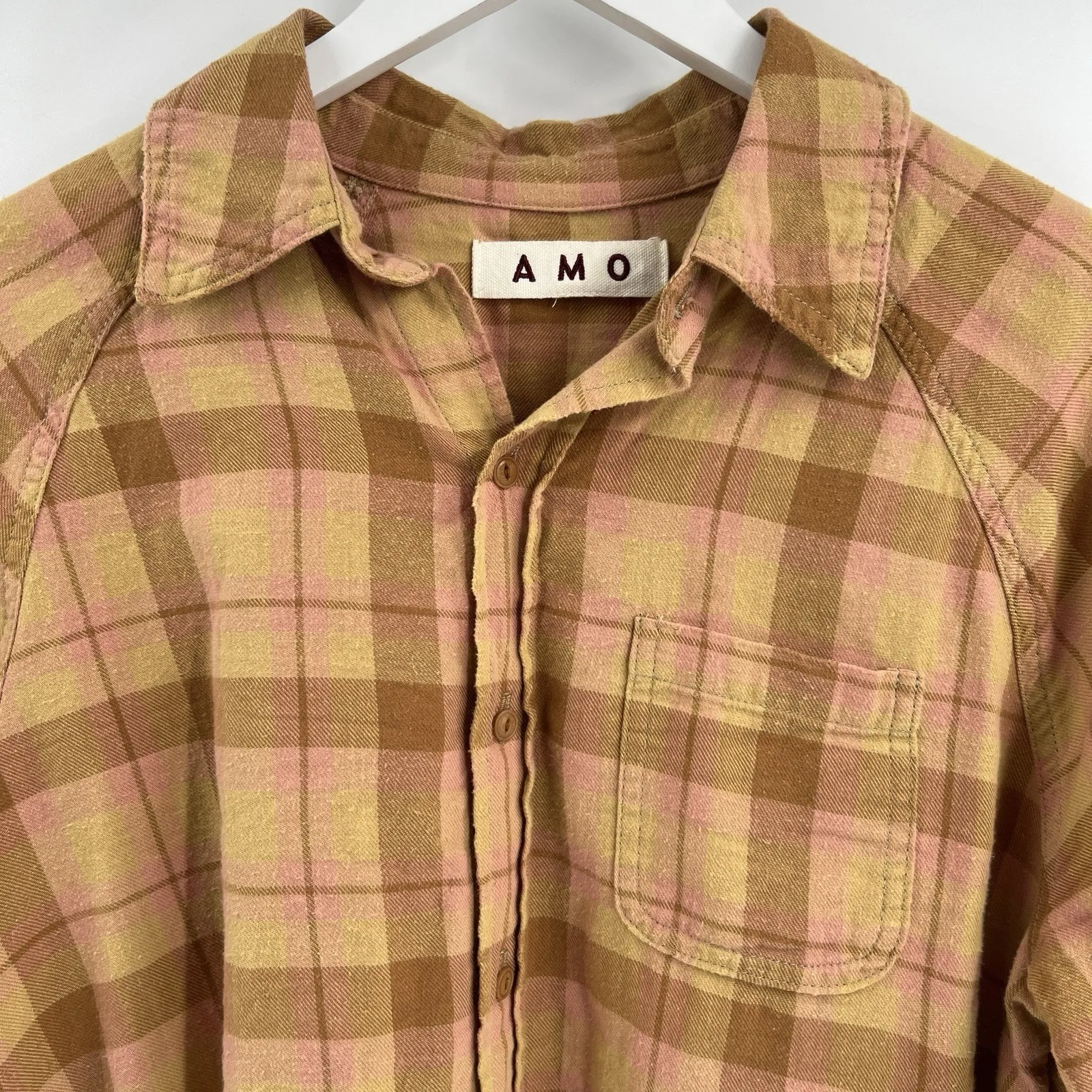 AMO Denise Shirt Women's Small Plaid Button Up Down Flannel Long Sleeve Gorpcore Tan - Image 4
