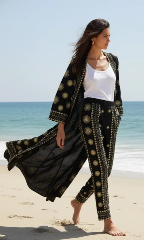 NWT Farm Rio Sun Embroidered Pant in Black Cotton Mirror Embellished Pants L - Image 1