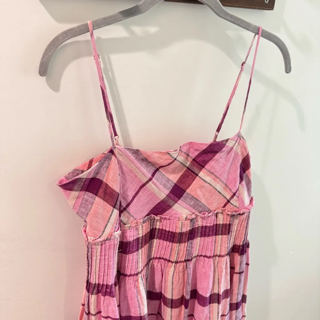 NWT Maeve Linen Blend Pleated Waist Hanky Hem Midi Dress Pink Plaid Medium - Image 5