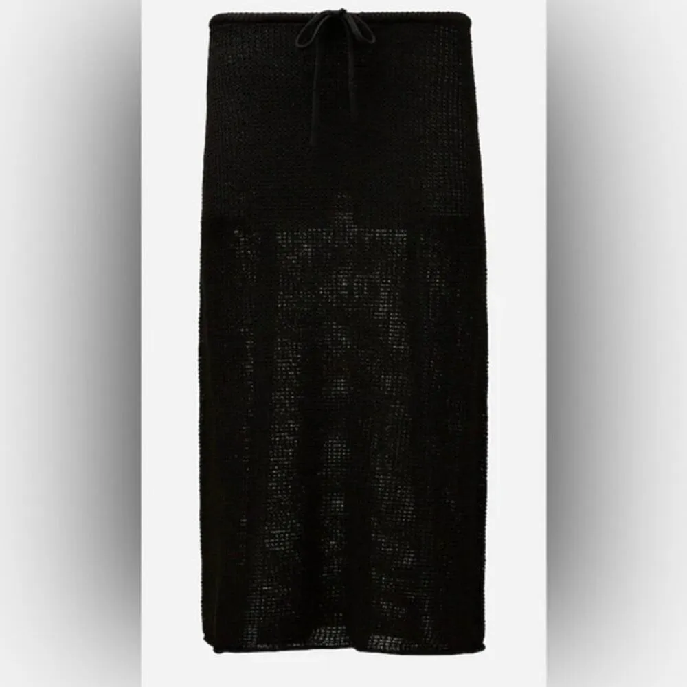 Onia Black 100% Linen Knit Crochet Low Rise Semi Sheer Pull On Midi Skirt S - Image 11