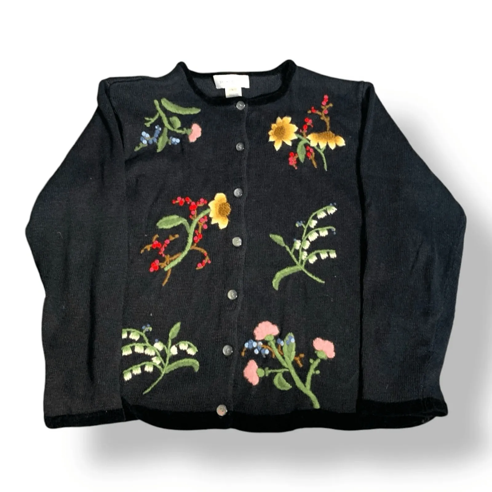 Vintage Susan Bristol Hand Embroidered Dark Floral Knit Cardigan Black Large - Image 2