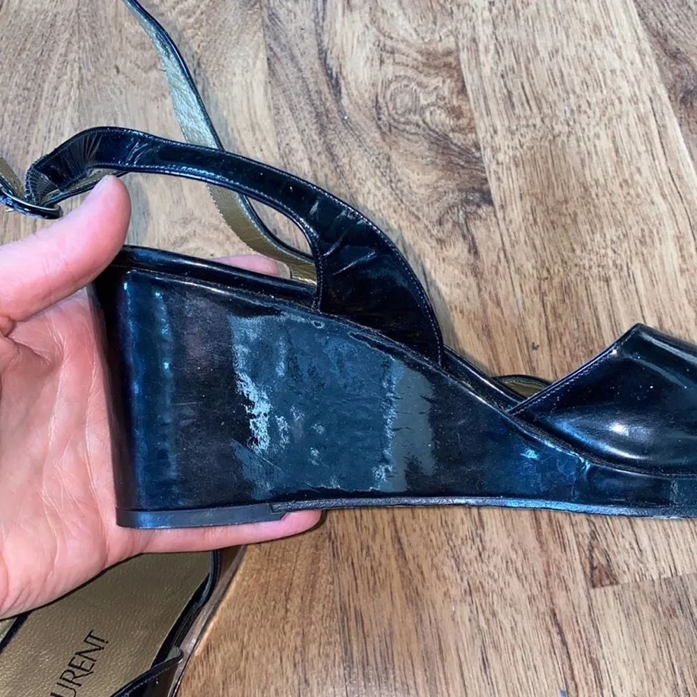 Yves St. Laurent Black Patent Leather Square Peep Toe Vintage Platforms Sz 9 - Image 5