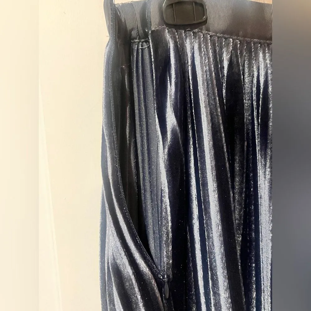 Zara Pleated Velvet Metallic Blue Maxi Skirt Size L Festival Wear - Image 2