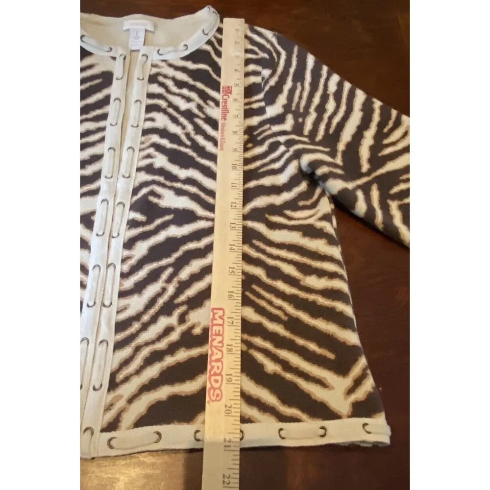 Chicos Cardigan Size 1 Beige Brown Zebra Print 100% Cotton Open Jacket Sweater - Image 8