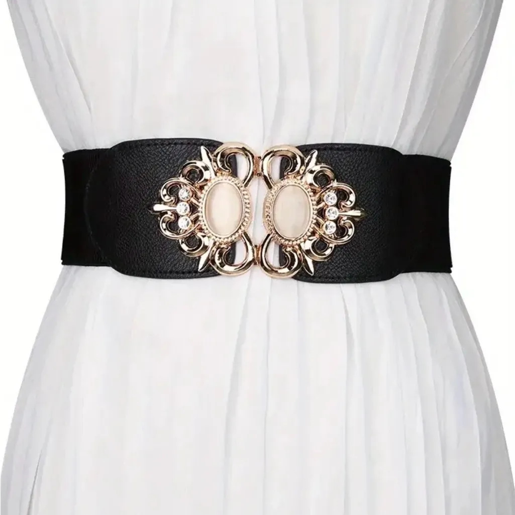 Golden‎ Double Buckle Black Waspie Belt Stretchy Elastic Accentuating Waistband - Image 7