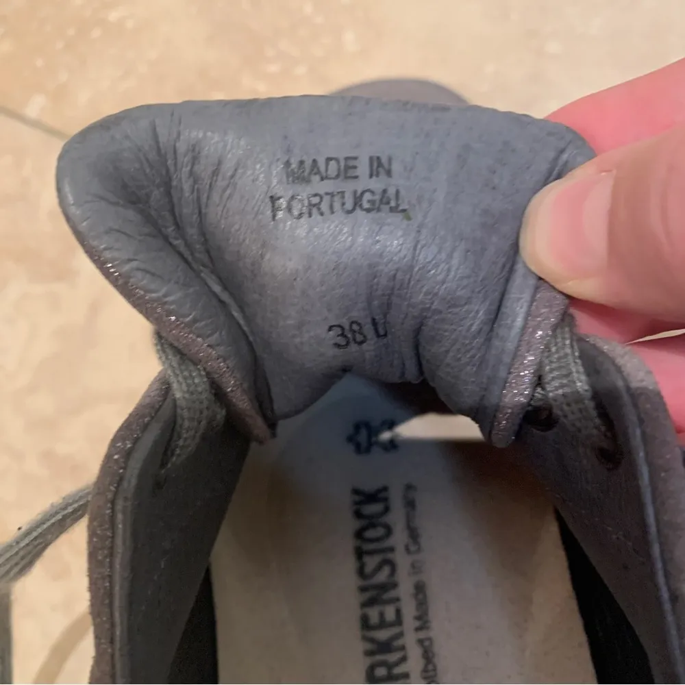 Birkenstock Silver Shimmer Leather Lace Up Sneaker Size 38 - Image 8