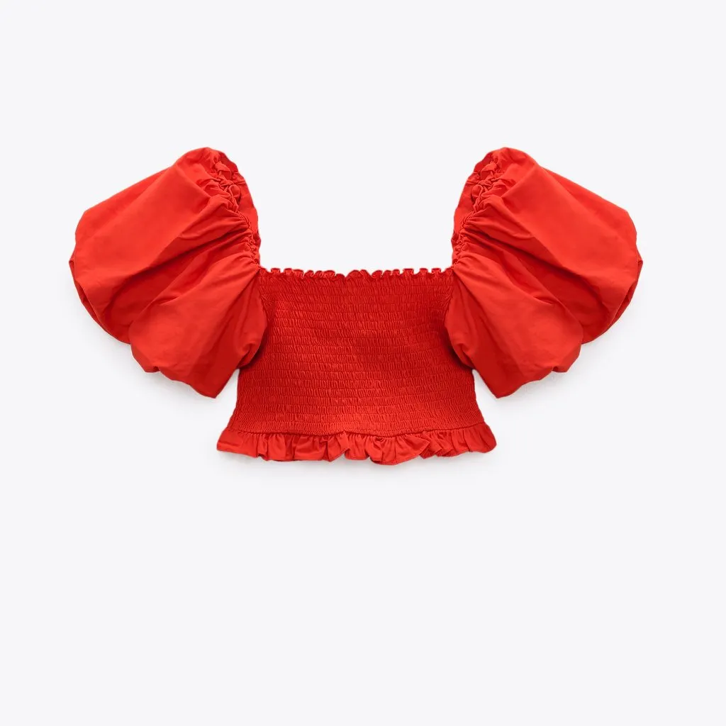NWT ZARA PUFF SLEEVE CROP TOP RED BLOGGERS FAV SMOCKED - Image 7