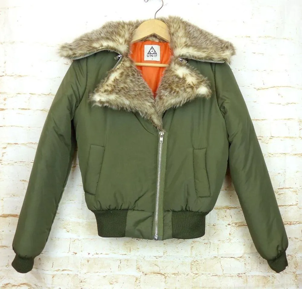 UNIF Bomber Jacket Womens S Olive Green Amelia Faux Fur Collar Grunge Army - Image 8