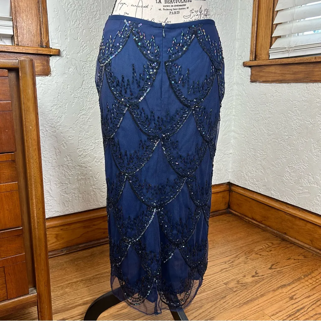 French Connection|Navy Blue Embellished Beaded Lace Midi Skirt Size 4 - Image 2