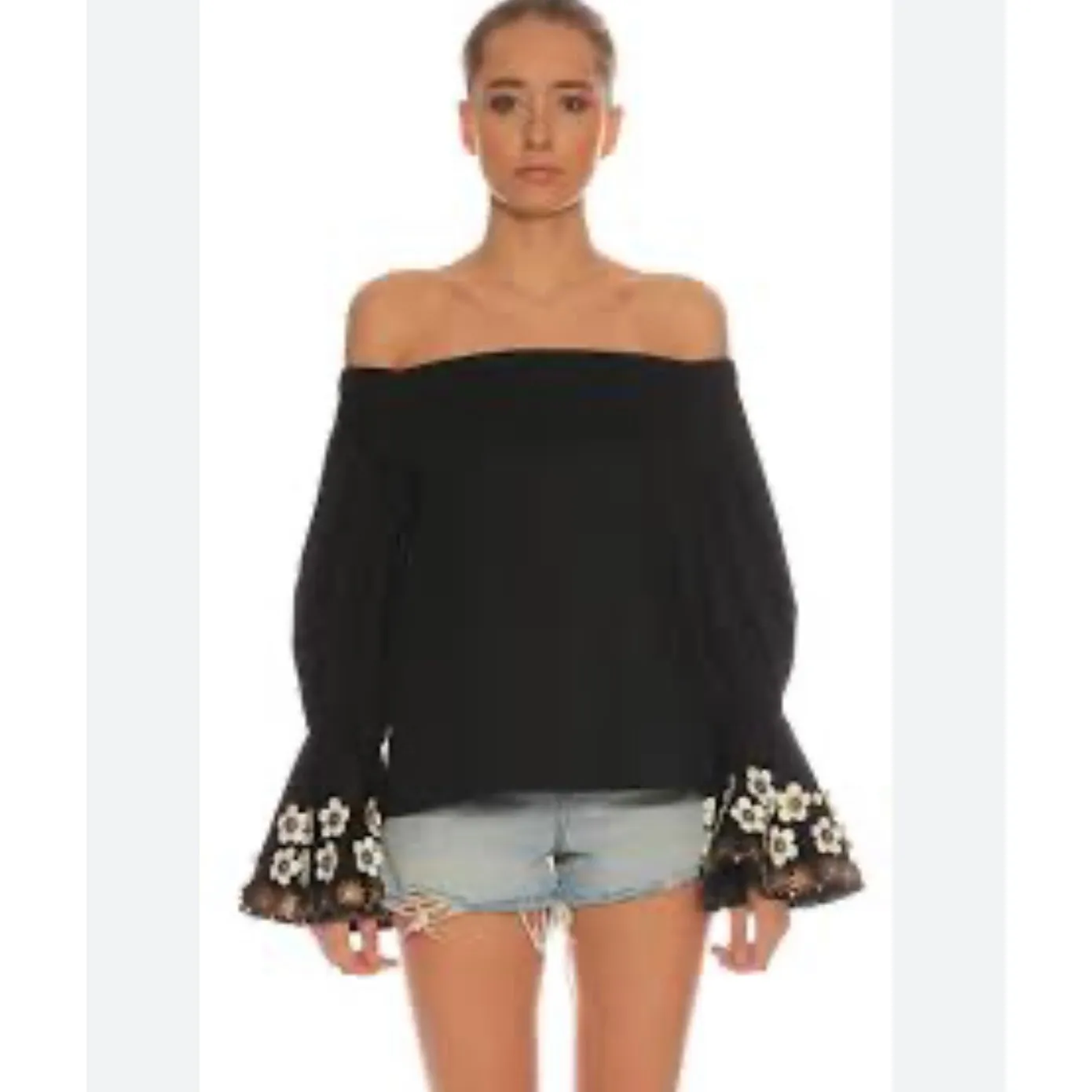 ALEXIS Juniper Off-Shoulder Black Bell Sleeve Top Small, Leather Floral Detail - Image 2