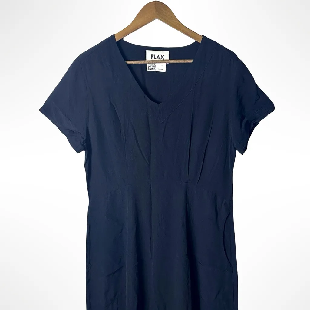 FLAX Minimalist V-Neck Short Sleeve Midi Dress Black Size S Lagenlook Artsy - Image 2