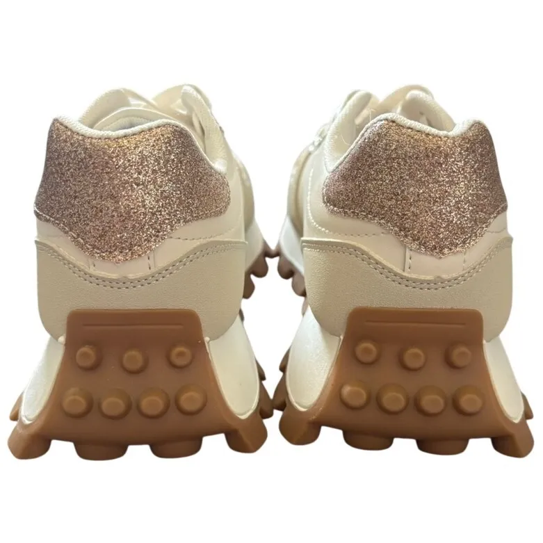 NEW Women's Chunky Lug‎ Sole Platform Sneaker Size 9 Neutral Glitter Glam Tan - Image 3