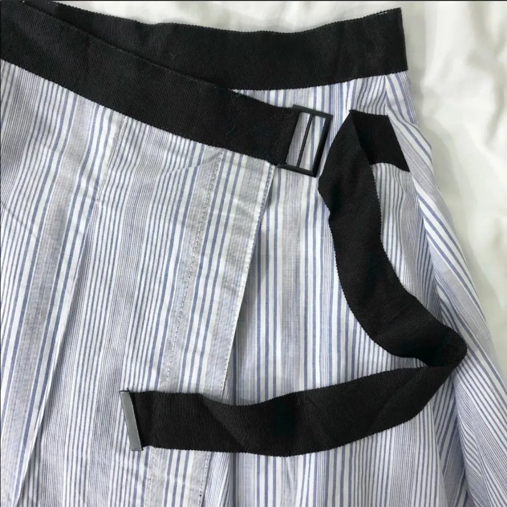 Seek the Label Pleated Academia Pinstripes Striped Belted Wrap Mini Skirt - Image 7