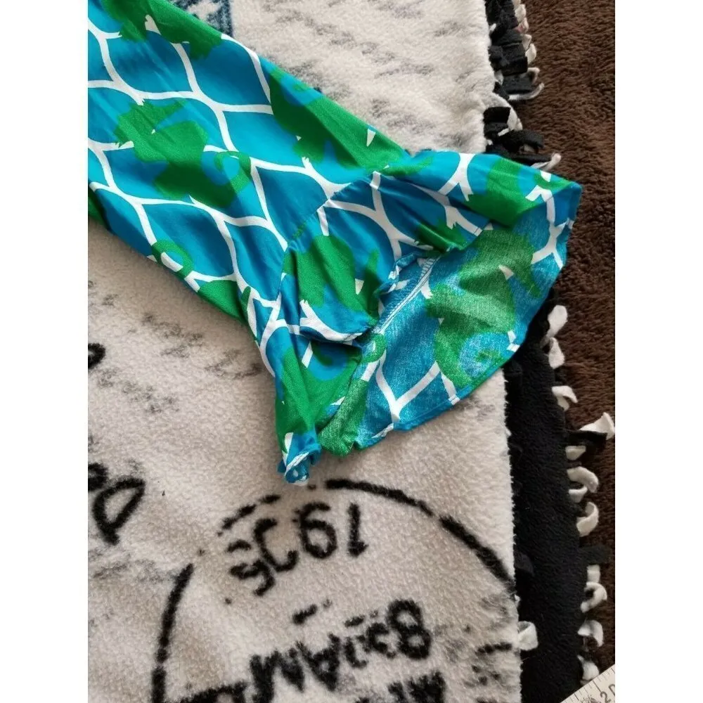 Escapada Top Blouse Trumpet Ruffle 3/4 Sleeves Tropical Green & Blue Print XS - Image 8