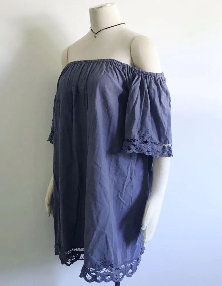 Off Shoulder Crochet Bohemian Dress Blue - Image 3