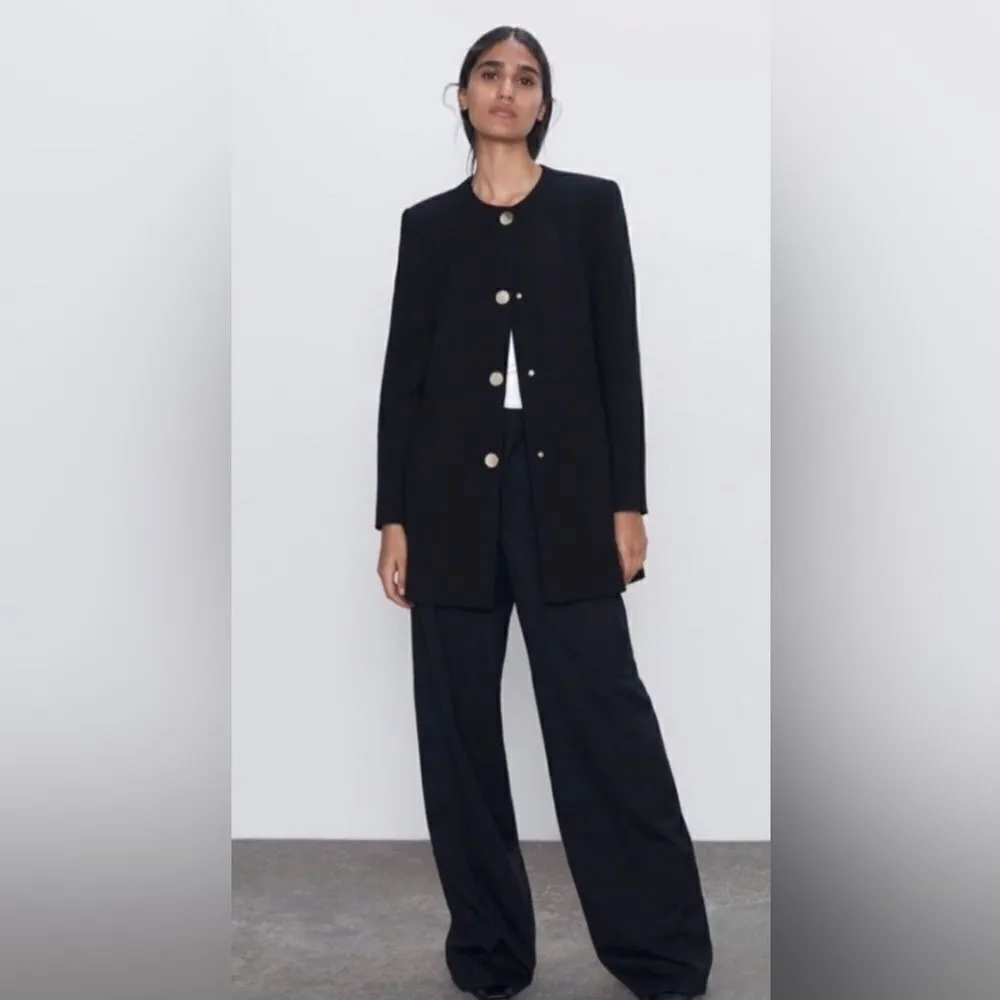 Zara black frock coat collarless blazer with gold buttons sz small - Image 5