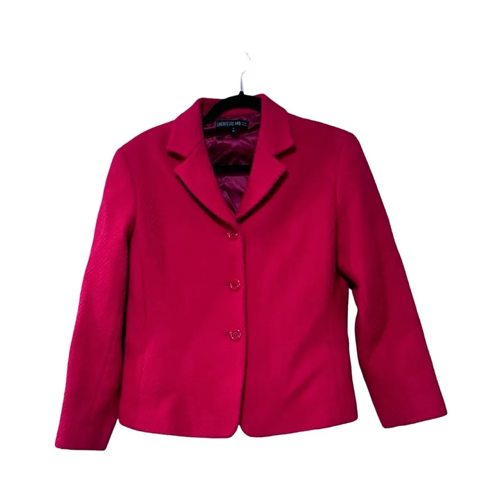 LAFAYETTE 148 Tweed Wool Pink Fuchsia Suit Buttoned Single Lapel Blazer Sz 8 - Image 2