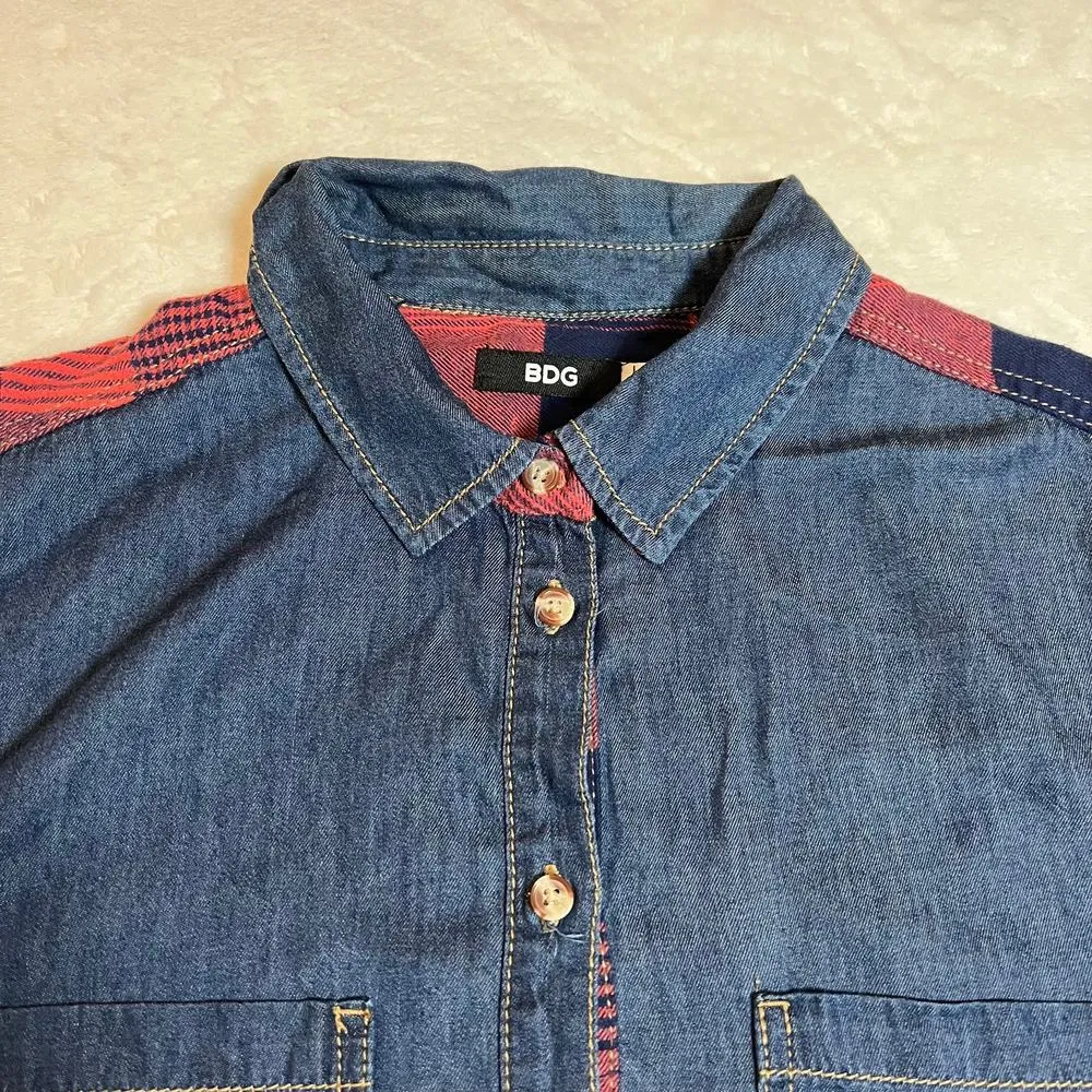 BDG Women's Mixed Media Plaid Flannel Denim Button Up Shirt Size Large Casual - Image 3