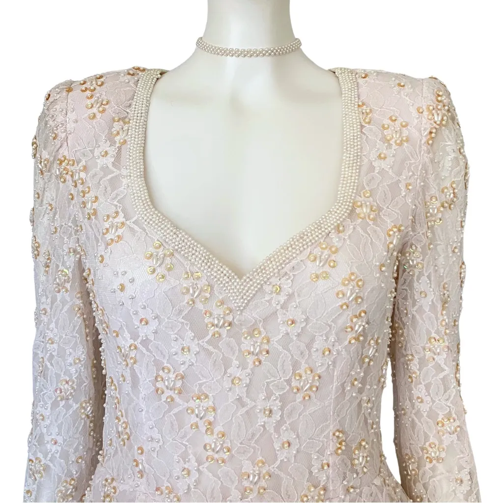 Vintage 80s Ivory Lace Pearl Beaded Sequin Peplum Dress XS Bridal Off White NWT - Image 9