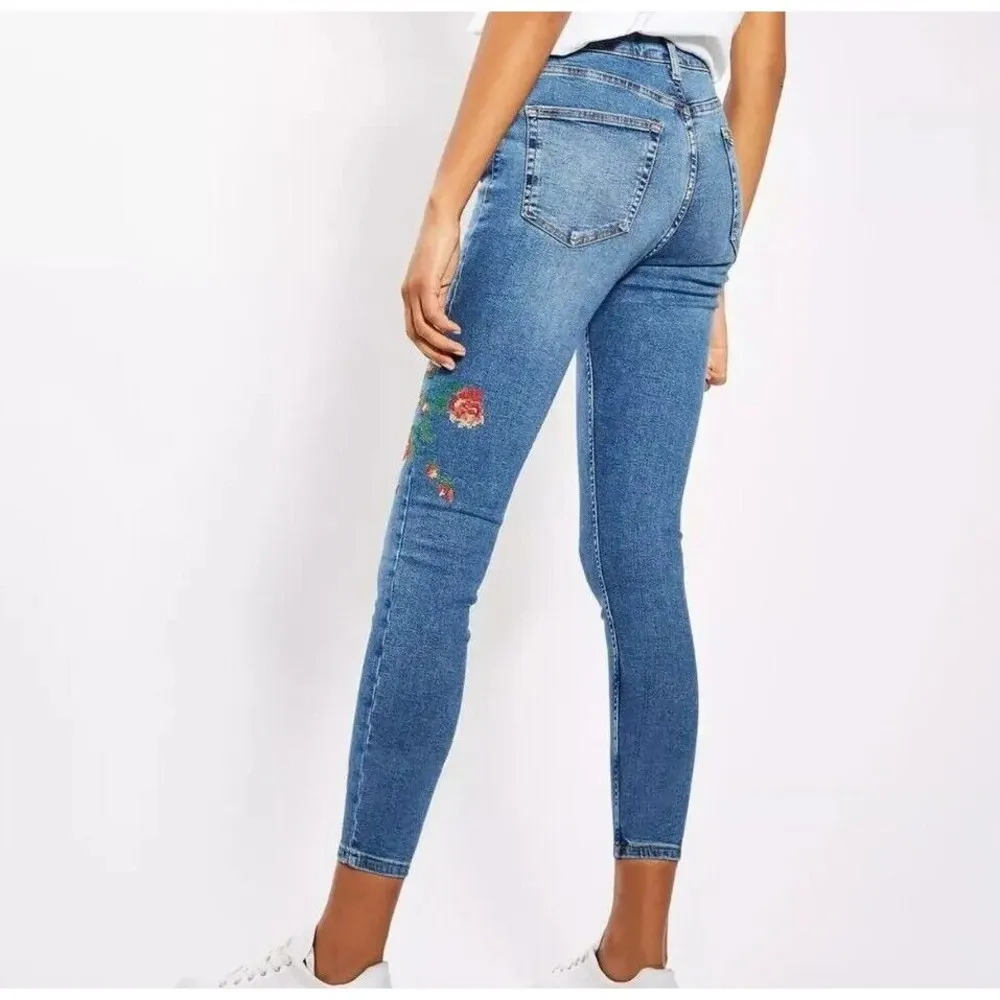 TOPSHOP Moto Jamie Floral Embroidered Jeans High Waisted Skinny Ankle Pants 26 - Image 4