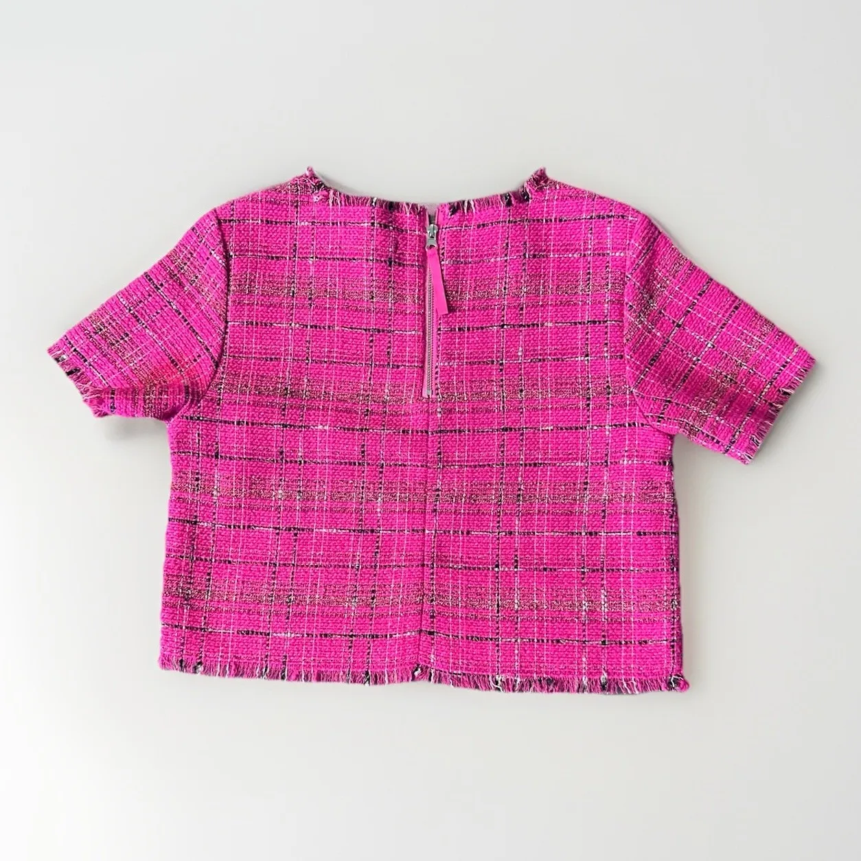 Central Park West Tweed Crop Top Womens Size Medium Pink Check Fringe - Image 2